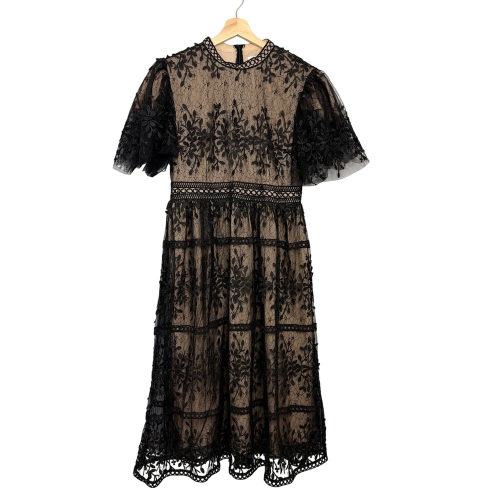 Ivy City Co Black Lace Floral Embroidery Midi Dress Short Puff Sleeve Large